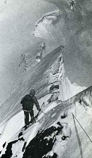 
Hermann Buhl starting to descend from Chogolisa. Soon after in a whiteout, Buhl unroped from Kurt Diemberger and fell through a cornice and died on June 26, 1957. - Summits and Secrets book
